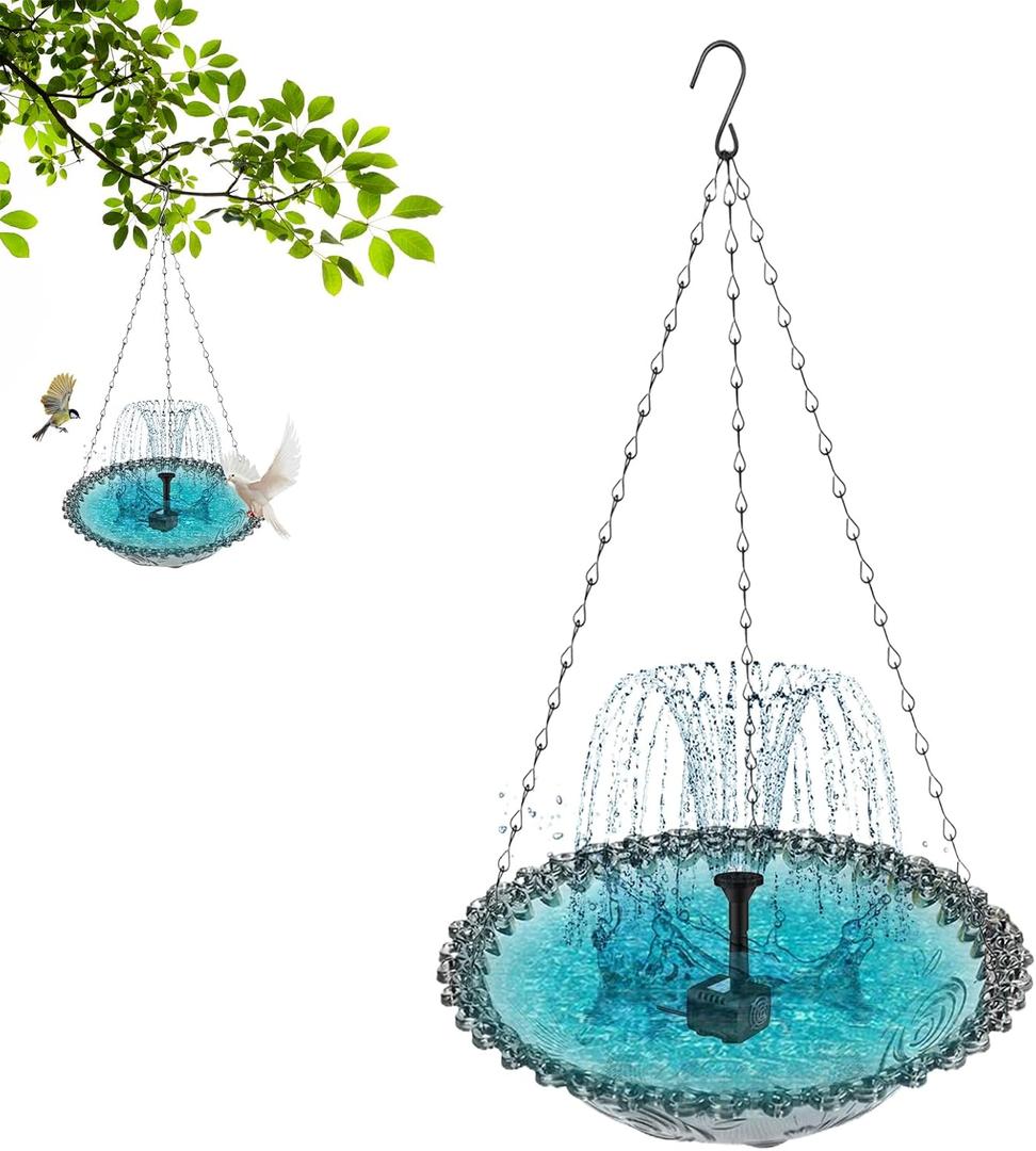Hanging Bird Bath with Solar Fountain | Outdoor Solar Hanging Bird Bath Fountain,Attracts Hummingbirds,Garden Decoration for Wildlife Landscape Yard Nature Lovers Porch Backyard Outdoor