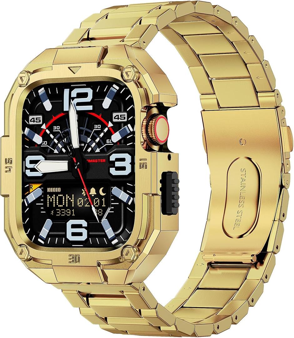 MOFREE Stainless Steel Watch Band with Case Compatible for Apple Watch 45mm Series 9/8/7 for Men, Rugged Strap with Metal Protective Bumper Cover for iWatch Band 45mm Gold