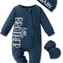 Baby Boy Clothes Letter Print One Piece Romper Baby Coming Home Outfits with Hat Newborn Boy Outfits (Navy Blue)