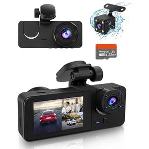 Dash Cam Front and Rear Inside, 4K Full HD Triple Dash Camera for Cars, Car Camera with 32GB Card,Builtin Loop Recording,GSensor,24H Parking Monitor,WDR,Accident Lock