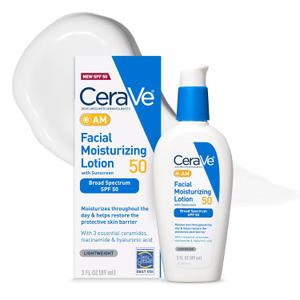 CeraVe AM Facial Moisturizing Lotion SPF 50, Face Moisturizer with SPF, Hyaluronic Acid, Niacinamide & Ceramides, NonGreasy, Blends Seamlessly With No White Cast, Non Comedogenic Sunscreen, 3 Oz