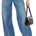 Allimy Womens Drawstring High Waist Wide Leg Jeans Straight Leg Washed Denim Jeans Pants (10, Retro Blue)