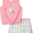 Calvin Klein girls Short Sleeve Top and Shorts Pajama 2-piece Set (Large, Sachet Pink/Rainbow)