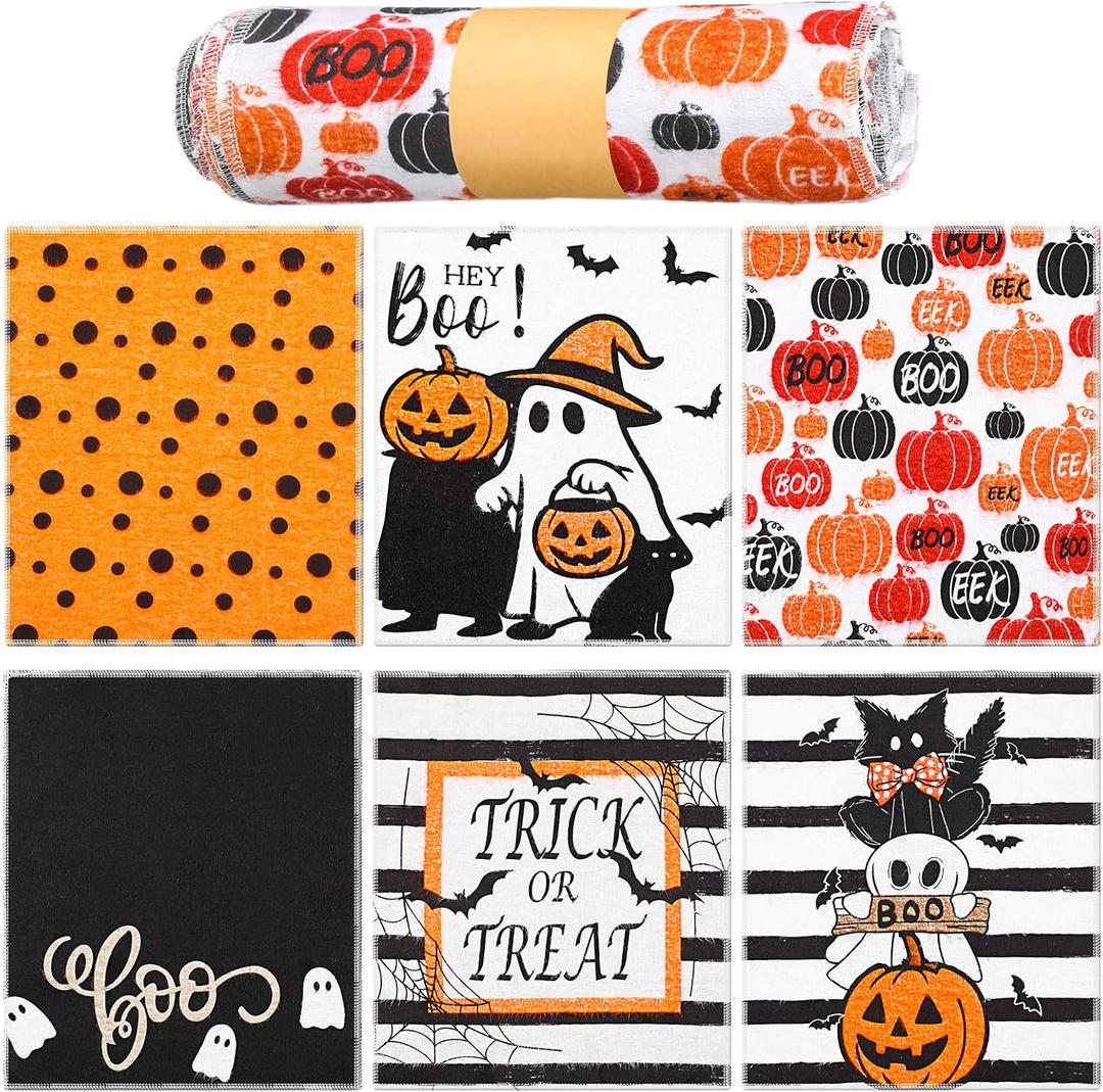 36 Pcs Halloween Reusable Paper Towels Rolls Washable Bulk Halloween Boo Ghost Pumpkin Kitchen Dish Towels Paperless Reusable Cloth Cotton Napkins with Cardboard for Kitchen Bathroom