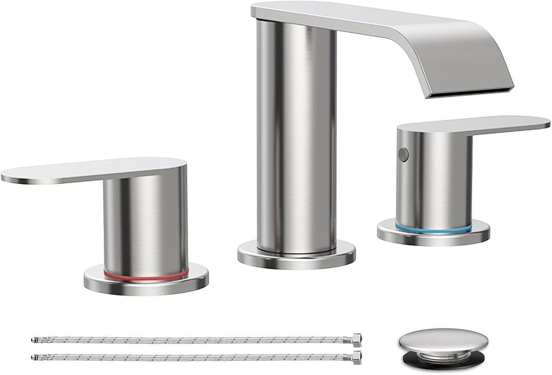 Homevacious Brushed Nickel Waterfall Bathroom Faucet for Sink 3 Hole Widespread Bathroom Sink Faucets with Pop-up Drain and Supply Lines Stainless Steel 2-Handle Bathroom Sink Faucet for Bath Vanity