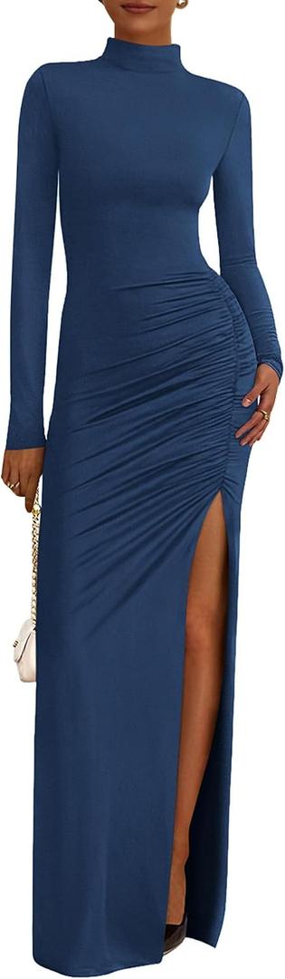 BTFBM Formal Dresses for Women 2026 Spring Long Sleeve Mock Neck Ruched Bodycon Slit Maxi Wedding Guest Dress Cocktail (Blue, XXL)