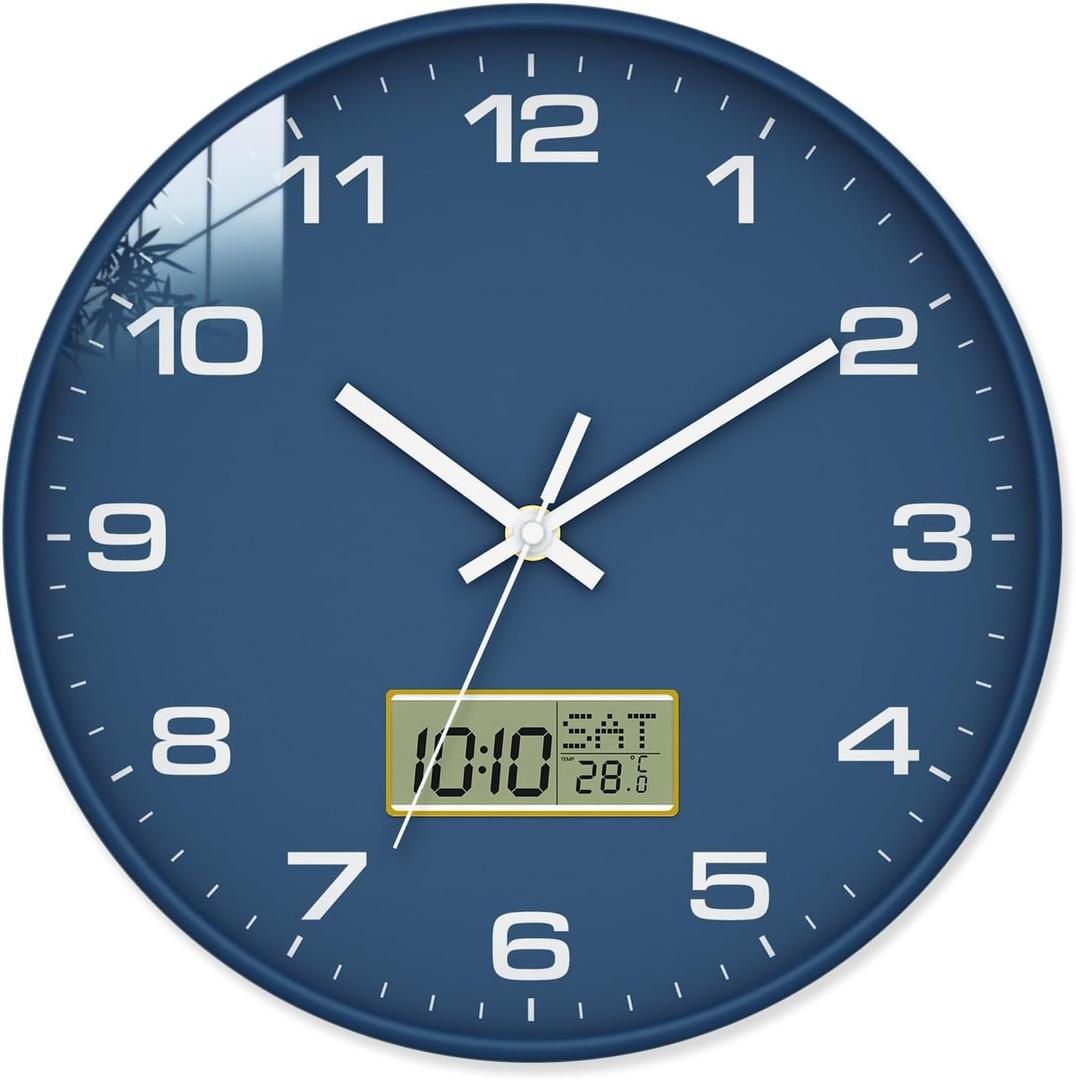 12 Inch Wall Clock, Silent Non-Ticking Analog with LCD Display, Battery Operated, Perpetual Calendar, Date, Weekday & Temperature (C/F), Tempered Glass for Living Room, Bedroom, Kitchen, Office