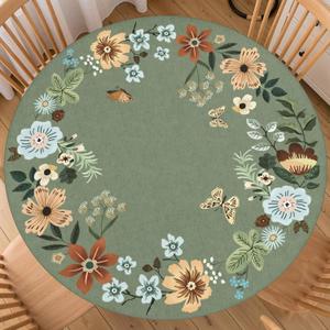 Floral Boho Round Fitted Tablecloth Best for 40"-44" Green Bohemian Table Cloth Spring Elastic Edge Water-Resistant Washable Butterfly Flower Table Cover for Party Picnic Camping Outdoor Indoor Decor