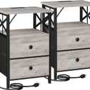 AMHANCIBLE Night Stand Set 2, Nightstand with Charging Station, End Tables Living Room with USB Ports and Outlets, Bedside Tables with Fabric Drawers for Bedroom, Greige