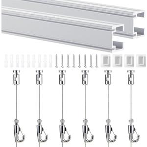 2 Set 56" Picture Rail Hanging System Including 2 Pcs 56" Aluminum Rails, 6 Steel Cables, 6 Hooks, 4 End Caps and Installation Hardware for Large Picture Poster Gallery Museum Home