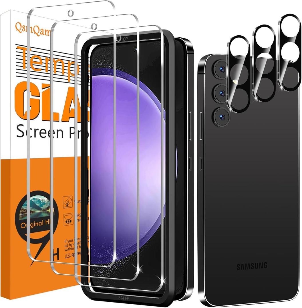 QsmQam 3 Pack Screen Protector for Samsung Galaxy S24 FE + 3 Pack Camera Lens Protector, Ultra HD Tempered Glass, 9H Hardness, Anti Scratch, Easy Installation - Case Friendly