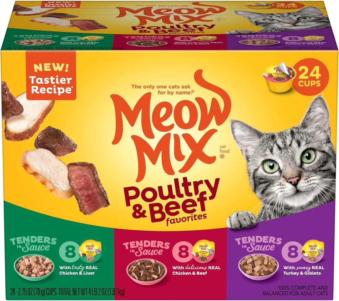 Meow Mix Tender Favorites Poultry & Beef Variety Pack, Wet Cat Food, 2.75 oz Cup (24 Pack) (EXP 02/26/27)