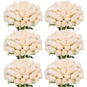 Jexine 50 Pcs Artificial Rose Flower Bulk Realistic Silk Fake Roses with Long Stem Plastic Artificial Flower Bouquet Real Looking for Home Wedding Centerpieces Party Decoration(Beige Champagne)