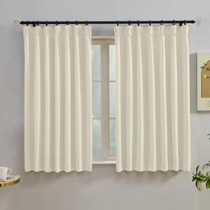 Simplebrand Natural Short Pinch Pleated Curtains for Bedroom 54 Inches Long 2 Panels, Solid Room Darkening Curtains Thermal Insulated Energy Saving Window Treatment with Hooks, 42" W x 54" L
