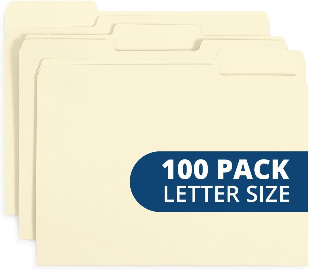 Manilla File Folders 8.5 x 11, 1/3 Cut Tab, Letter Size Vanilla folders, Great for Organizing and Easy File Storage, 100 Per Box (Manila)