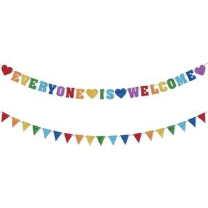 Glitter Everyone is Welcome Banner, First Day of School Classroom Pennant Banner Long Colorful Flag Welcome Back to School Hanging Ornaments Classroom Decoration Supplies, Set of 2