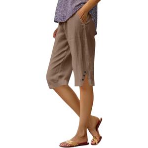 Cotton Linen Capri Pants for Women Petite Bermuda Shorts Knee Length Drawstring Pants Summer Beach Long Shorts (M)