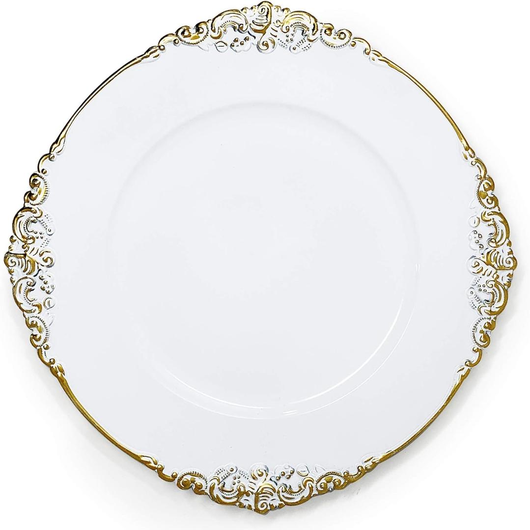 13-Inch 11-Pack Heavy Quality Round Charger Plates-Floral White Gold Trim-HD80341