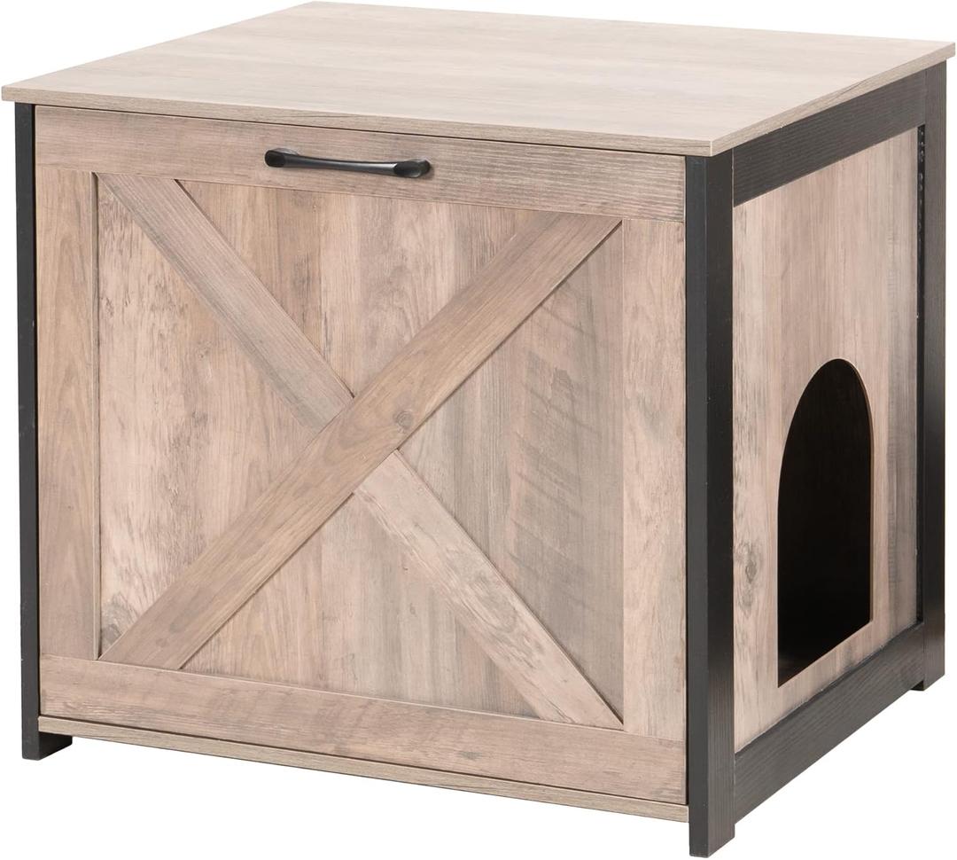 Dwanton Cat Litter Box Furniture Hidden, Cat Litter Box Enclosure, Reversible Entrance Can Be on Left or Right Side, Indoor Cabinet, Wooden Washroom, End Table, Nightstand, Greige, 23.6" L (23.6 x 19.7 x 21.7 Inches)