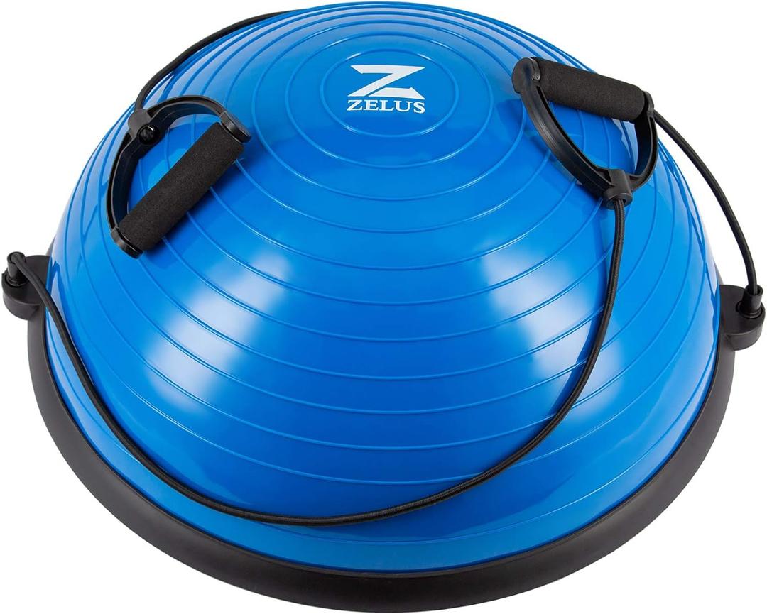 ZELUS Balance Ball Trainer with Resistance Bands and Foot Pump, Inflatable Yoga Ball for Home Gym Workouts, 23 Inch Exercise Half Ball for Balance Training Core Strength Fitness More, 330lb Cap (Blue)