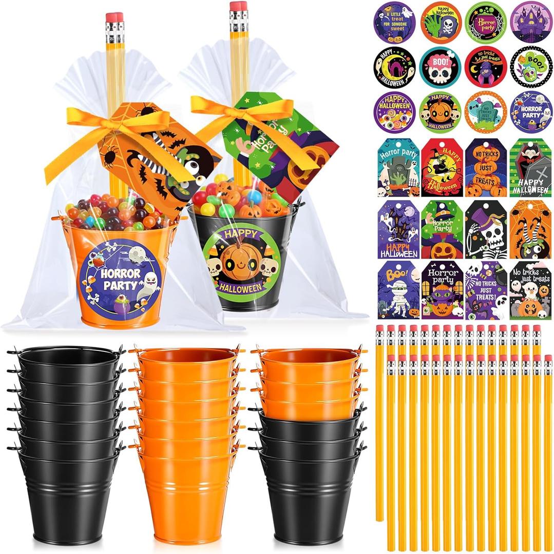 Pasimy 24 Sets Halloween Candy Holder Gifts Fillable Mini Metal Buckets Pumpkin Candy Containers with Pencils Stickers for Trick or Treat Goodies Bags Fillers Halloween Party Favors Supplies
