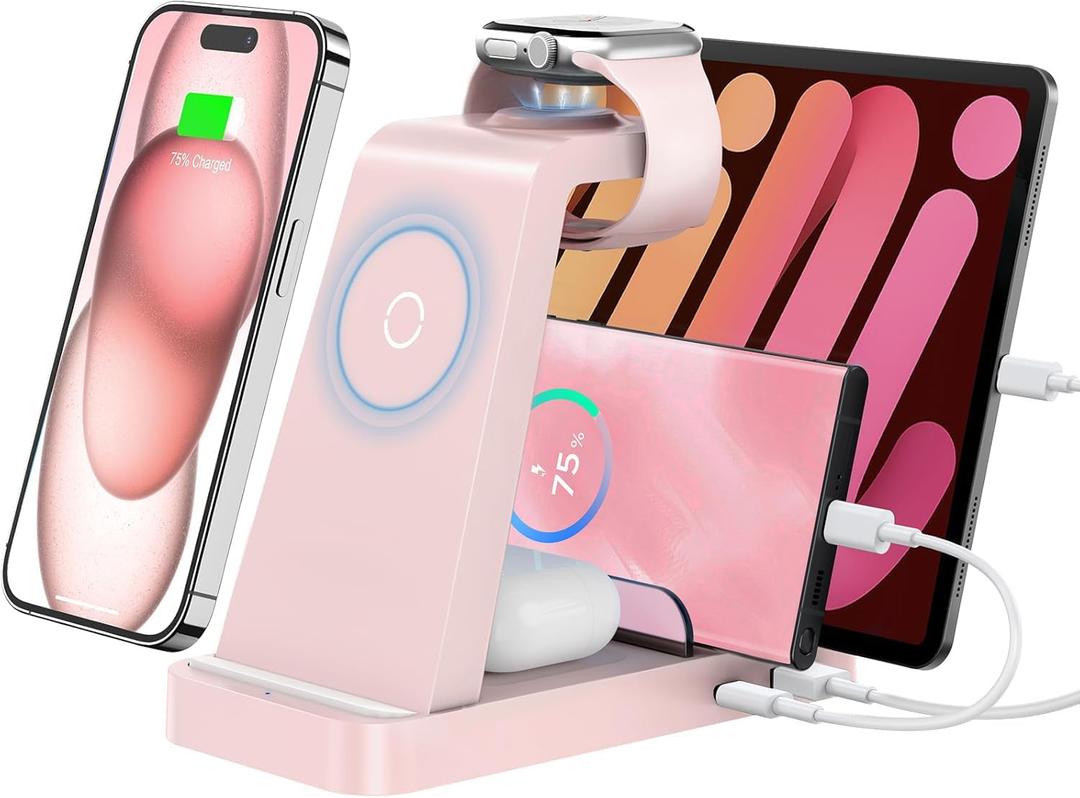 GAUOLN Wireless Charger for iPhone - 5 in 1 Charging Station for Multiple Devices Apple: Wireless Charging Stand Dock for iPhone 17 16e 16 15 14 13 12 Pro Max Apple Watch Airpods (Pink)