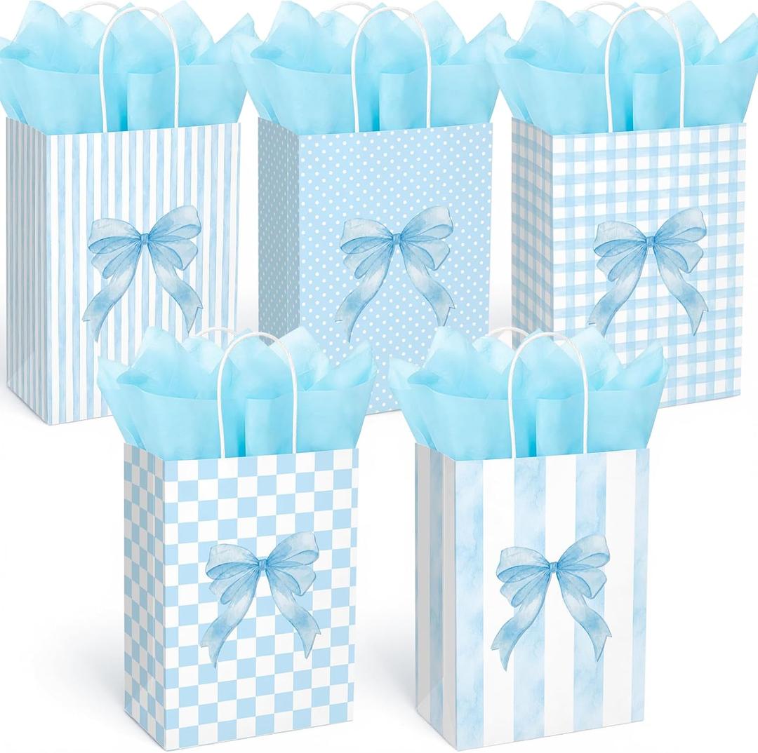 Engrowtic 25 Pcs Blue Bow Gift Bags with Handles Bow Themed Goodie Kraft Paper Bags Coquette Party Favors for Wedding Bridal Shower Baby Shower Birthday Party Supplies