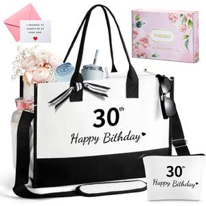 TRSODD Birthday Gifts for Women Initial Canvas Tote Bag with Adjustable Shoulder Strap and Makeup Bag Gifts for Mom Wife Grandma Daughter Sister (30th)