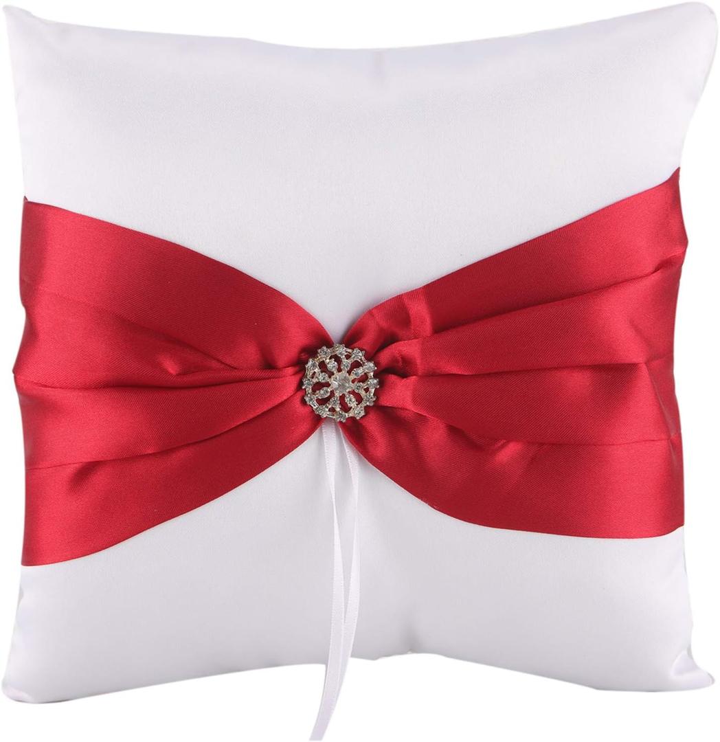 he andi 7.8" Satin Artificial Diamond Decoration Wedding Ring Bearer Pillow (Red)