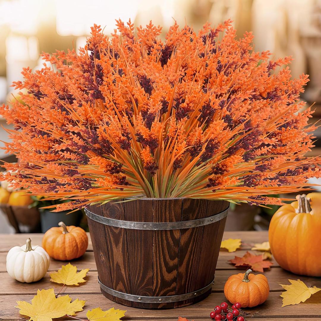 40 Bundles Artificial Fall Flowers Outdoor UV Resistant Orange Fall Fake Lavender Flowers Plants No Fade Faux Monkey Grass Greenery Shrubs Bushes for Home Garden Porch Autumn Fall Decorations