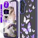 for Samsung Galaxy A35 5G Case+Tempered Glass Screen Protector,Military Grade Protective Slim Soft TPU & Hard PC,Girls Women Crystal Clear Flower Pattern Case Cover for A35 5G-Purple Butterfly