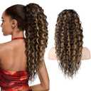 SEIKEA Ponytail Extension, PT005 Isabella 22" Long Bohemian Curly Drawstring Ponytail Light Fluffy Multi Layered Clip in Hair Extensions Ponytail Chocolate Brown Caramel Blonde Highlights