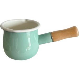 Enamel Milk Pot, Butter Warmer Non-stick Mini Saucepan, 4 Inch 17 Oz Small Cookware with Wooden Handle(Green) (Green)