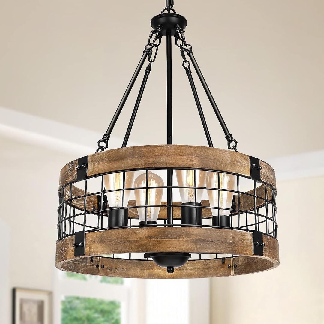 4-Light Rustic Chandelier for Entryway, Round Farmhouse Light Fixtures for Dining Room, Industrial Drum Hanging Pendant Lighting for Kitchen Island, Nature Wood Texture and Black Metal Finish