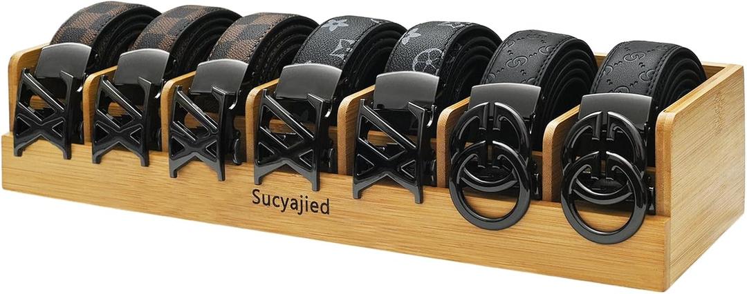 Sucyajied Belt Organizer, 7 Compartments Belt Organizer for Closet and Drawer, Belt Holder Case for Tie and Belt, Bamboo Storage Box for Men and Women (Wooden, 7)