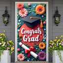 Graduation Door Cover with Hanging Rope 70x35 Inch Pink Floral Durable Fabric Congrats Grad Banner Photo Booth Backdrop for High School College Party Decorations Girls Daughter Women