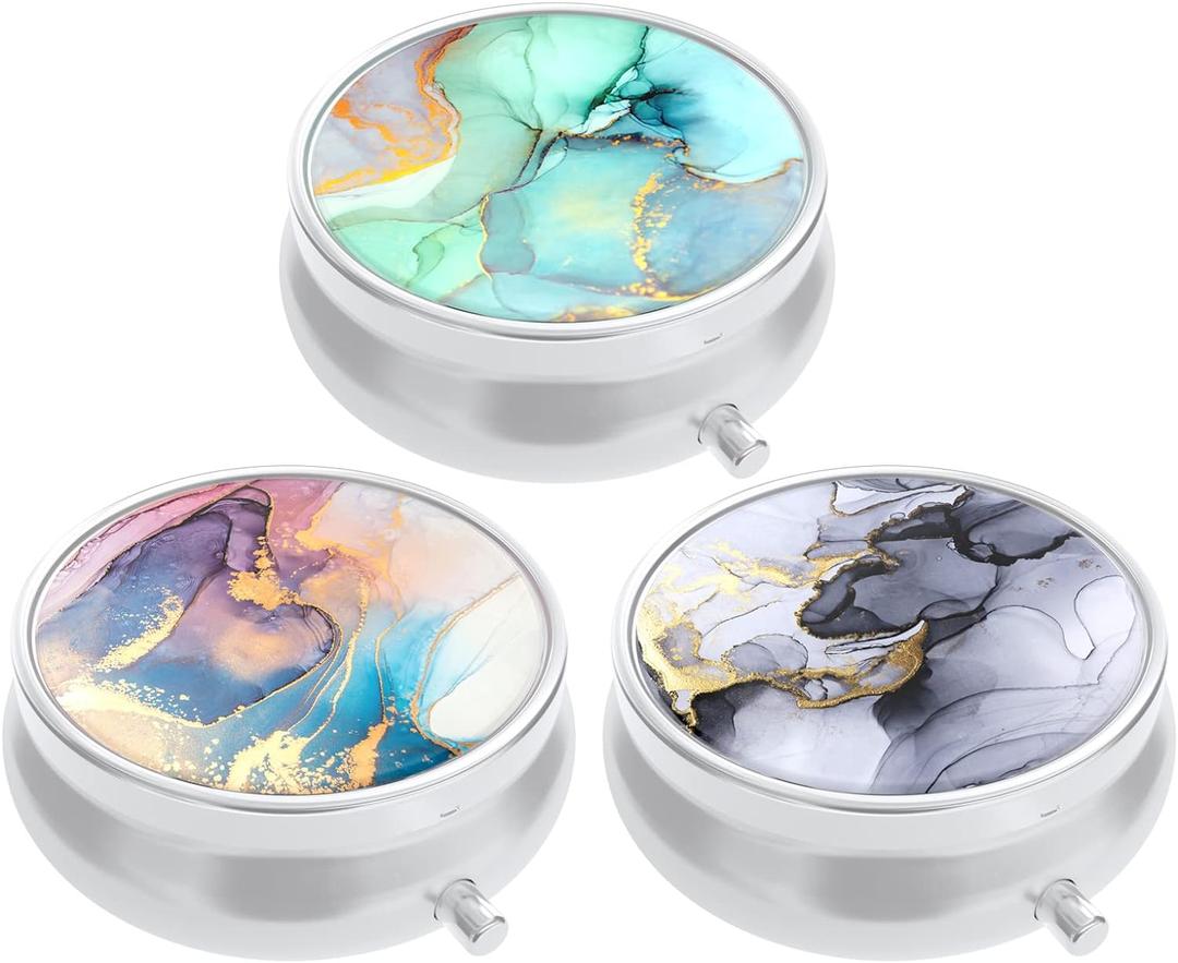 3 Pack Pill Box, Small Pill Case for Purse & Pocket, Cute Travel Medicine Organizer, Portable Medicine Container Holder to Hold Vitamins, Medication, Fish Oil & Supplement, Green Pink Gray Marble