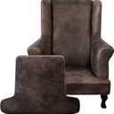 Leather Look Wingback Chair Covers, 2-Piece Wing Chair slipcover, Stretch Wing Back Armchair Slipcovers with Elastic Bottom, Soft Spandex Furniture Protector for Living Room, Brown