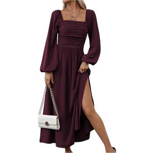 Floerns Women's Square Neck Lantern Long Sleeve Dress Split Ruched Party Midi Dresses XL