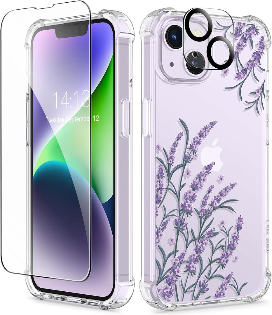 GVIEWIN for iPhone 14 Case Floral, with Screen Protector & Camera Lens Protector, [Non Yellowing] Soft Shockproof Clear Phone Protective Cover for Women, Flower Pattern Design 6.1" (Daphne/Purple)