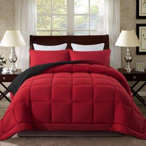 DOWNCOOL Queen Comforter Set -All Season Bedding Comforters Sets with 2 Pillow Cases-3 Pieces Bedding Sets Queen -Down Alternative Red/Black Queen Size Comforter Sets(88"x92")