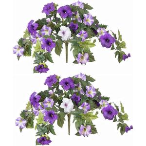 Spring Faux Petunias Silk Flower UV Resistant No Fade Floral, Realistic Morning Glory Artificial Flowers Morning Glory Vine for Garden, Patio, or Home Decor (Purple 2pcs)