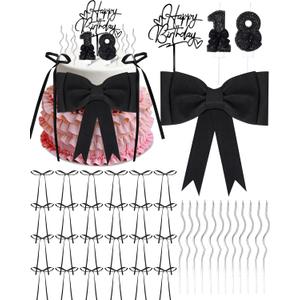 40 Pcs Coquette Happy Birthday Cake Toppers Oversized EVA Bow Ribbon Bow Cake Decorations for Baby Shower Party Birthday Wedding(Black,18th)