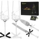 Wedding Toasting Flutes and Cake Server Set of 4 - Champagne Glasses and Knife Server Set, Bride and Groom Wineglasses and Cake Knives Set Gifts for Bridal Shower Anniversary Engagement Chirstmas