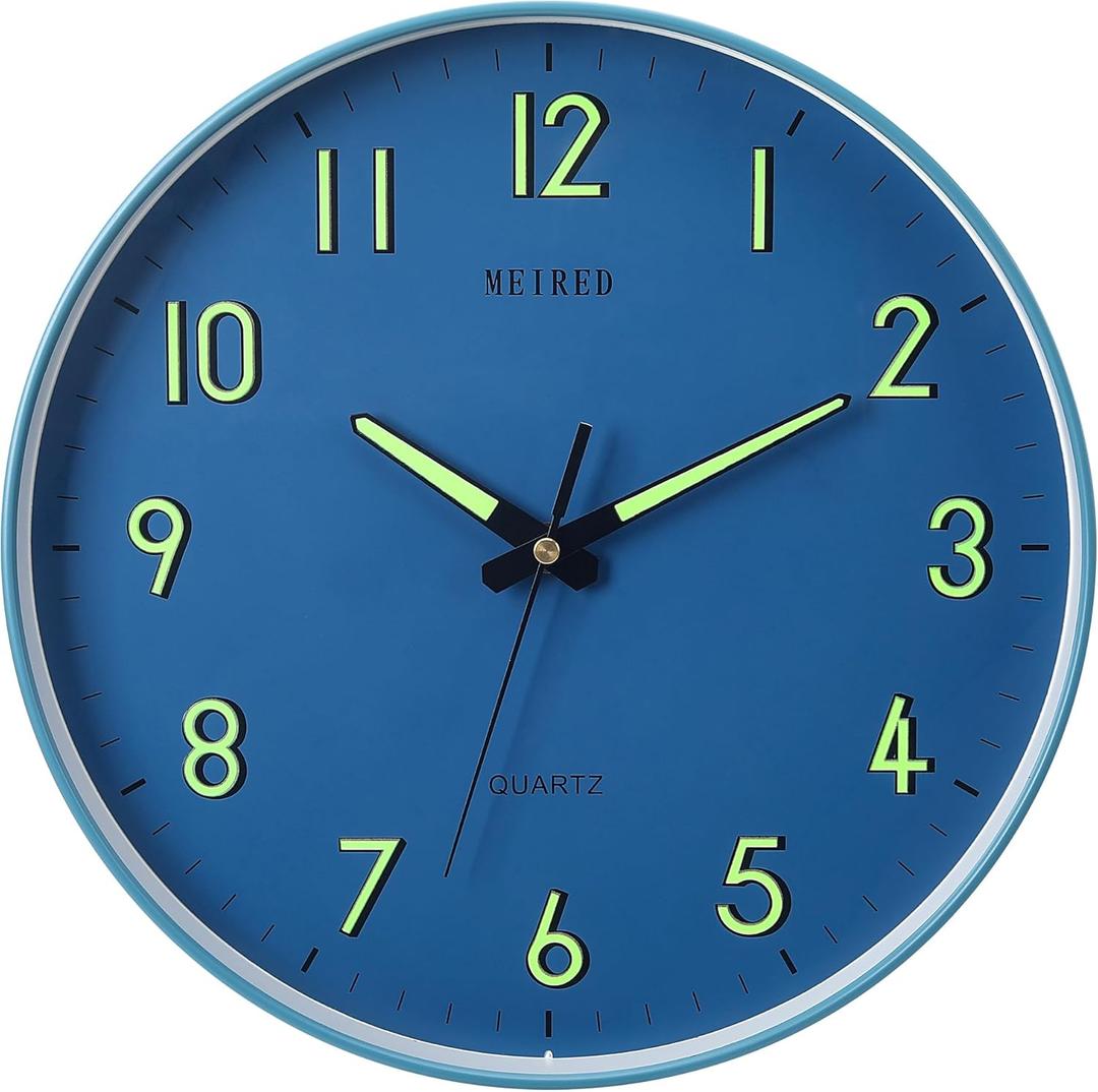MEIRED Night Light Wall Clock 12 Inch Silent Non Ticking Battery Operated Wall Clocks Glow in The Dark, Lighted Up Wall Clock for Bedroom Living Room/Kitchen, Blue