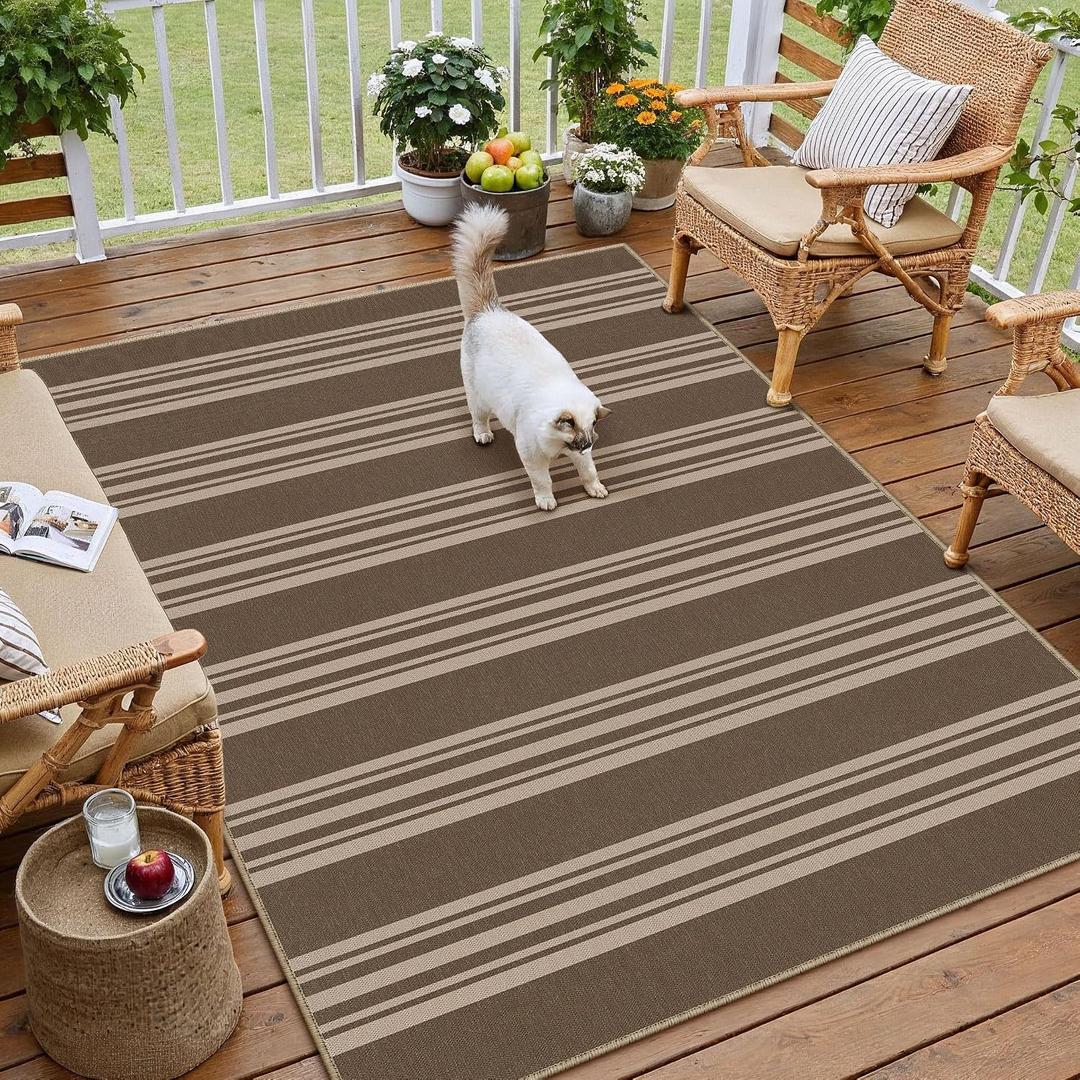 PureCozy Striped Easy Jute 3x5 Outdoor Patio Rug Brown Washable Area Rugs for Entryway Indoor Outdoor Living Room Carpet Non Slip Office Farmhouse Neutral Door Mat for Backyard Balcony Porch Bedroom