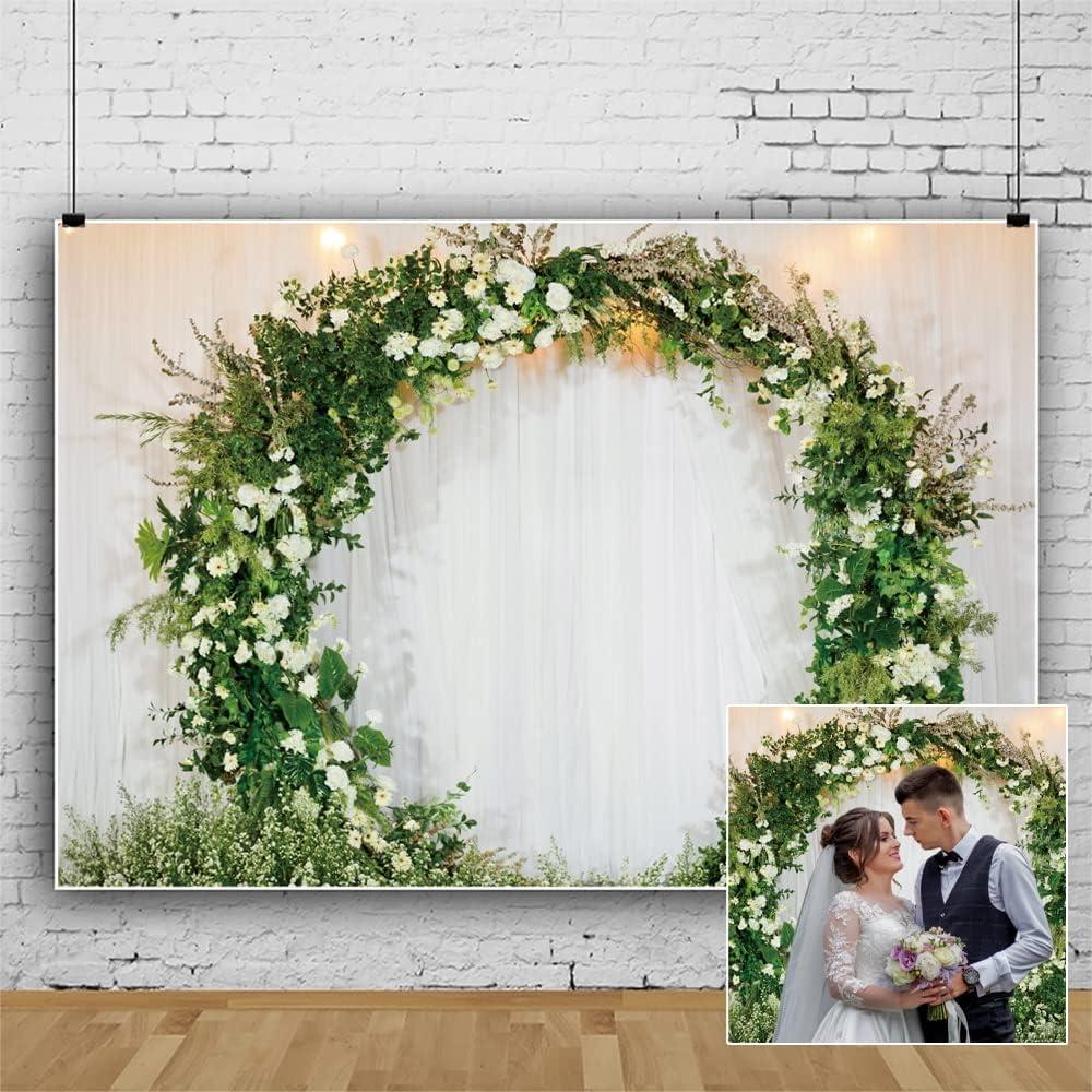 OERJU 7x5ft Romantic Wedding Backdrop 3D Arched Wreath White Curtain Bridal Floral Wall Photography Background Valentine's Day Bridal Shower Reception Ceremony Decor Banner Vinyl Wallpaper