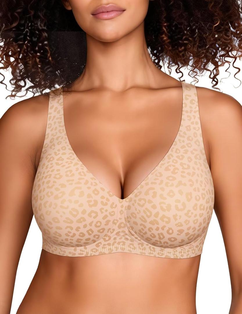 Vertvie 2026 Womens Wireless Jelly Bras Push Up Cup-Engineered Support Deep V Lift Bra Seamless No Underwire T-Shirt Bralette(Nude Leopard, 36C)