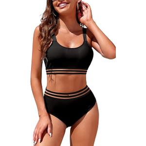 Women's High Waisted Bikini Sets Sporty Crop Top Color Block Swimwear Bandeau Scoop Neck Vintage Two Piece Bathing Suits, L