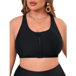 Women's Sports Bra Bikini Top for Large Bust Racerback Swim Bras Zipper in Front Bathing Suit Top Swimsuit Tops Only (Medium, Black)